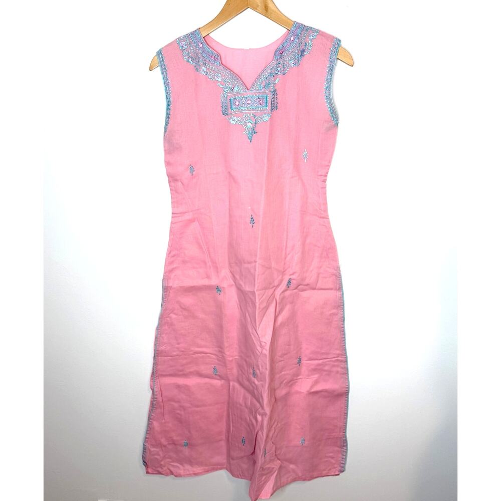 Indian Embroidered Sleeveless Kurta Dress In Pink Blue Size Medium - Picture 2 of 14